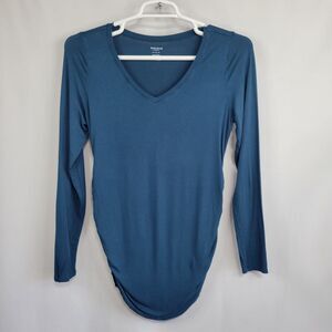 Motherhood Maternity long sleeve teal green blue V neck rouched T shirt Medium